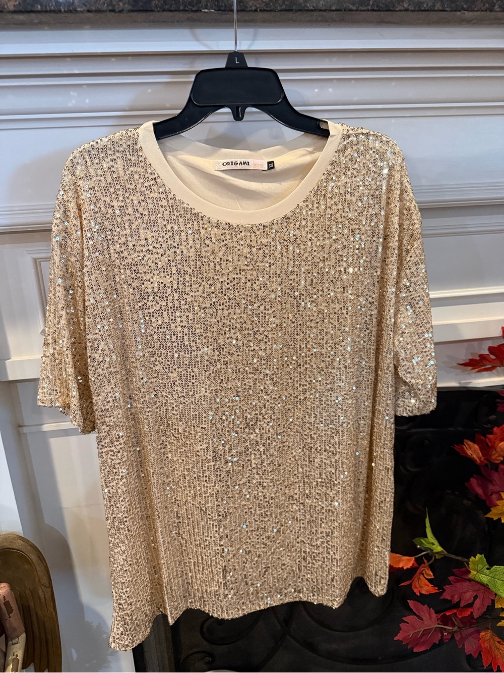 ORIGAMI Champagne Sequin Short-Sleeve Blouse